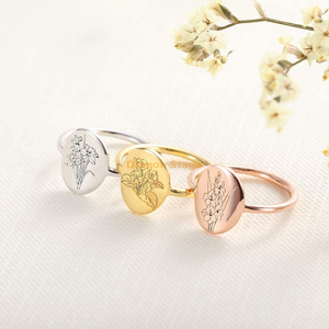 Regalo de cumpleaños para mujeres y niñas, anillo personalizado, joyería grabada en oro, anillo de flor de nacimiento de acero inoxidable personalizado